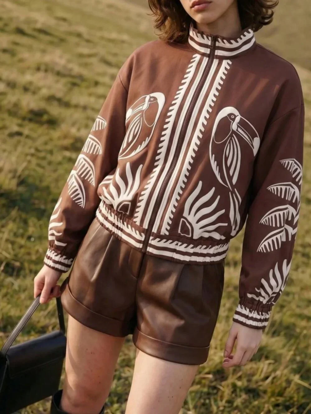 Brown Toucan Print Zip-Up Cropped Lightweight Jacket with Contrast Trim